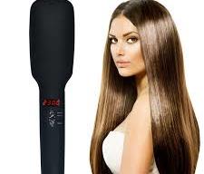 a lady with long hair beside the hair iron